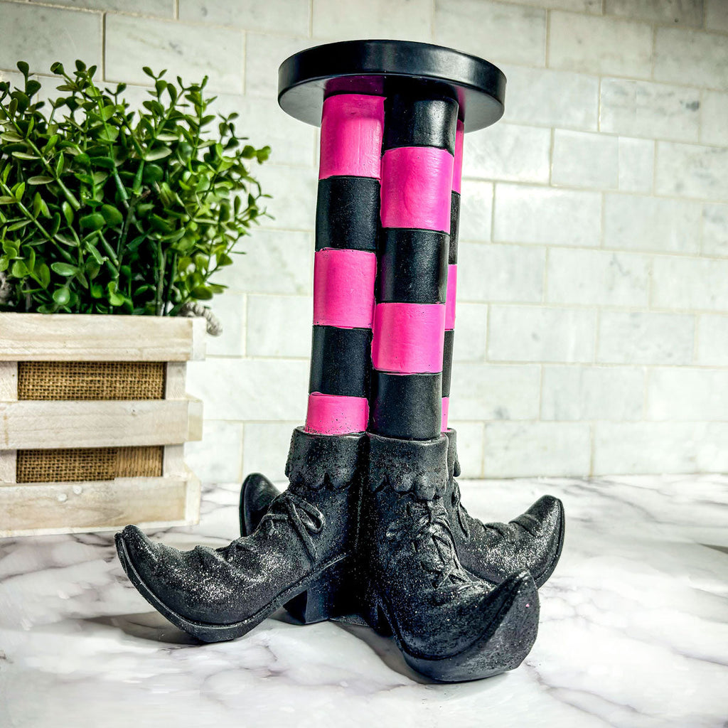 Witch Leg Pillar Candle Holder Halloween Decor Striped Boots Glitter